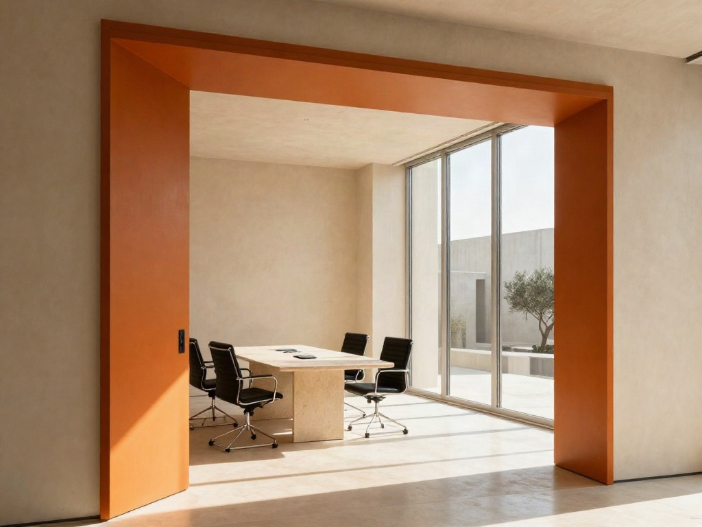 Sunlit executive boardroom seen through a bold orange architectural frame